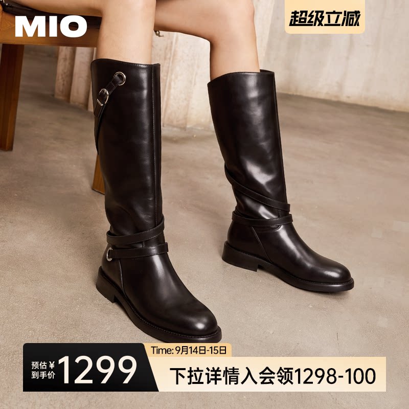 MIO米奥骑士靴2026冬季新款简约厚底复古英伦风长筒靴皮带扣女靴