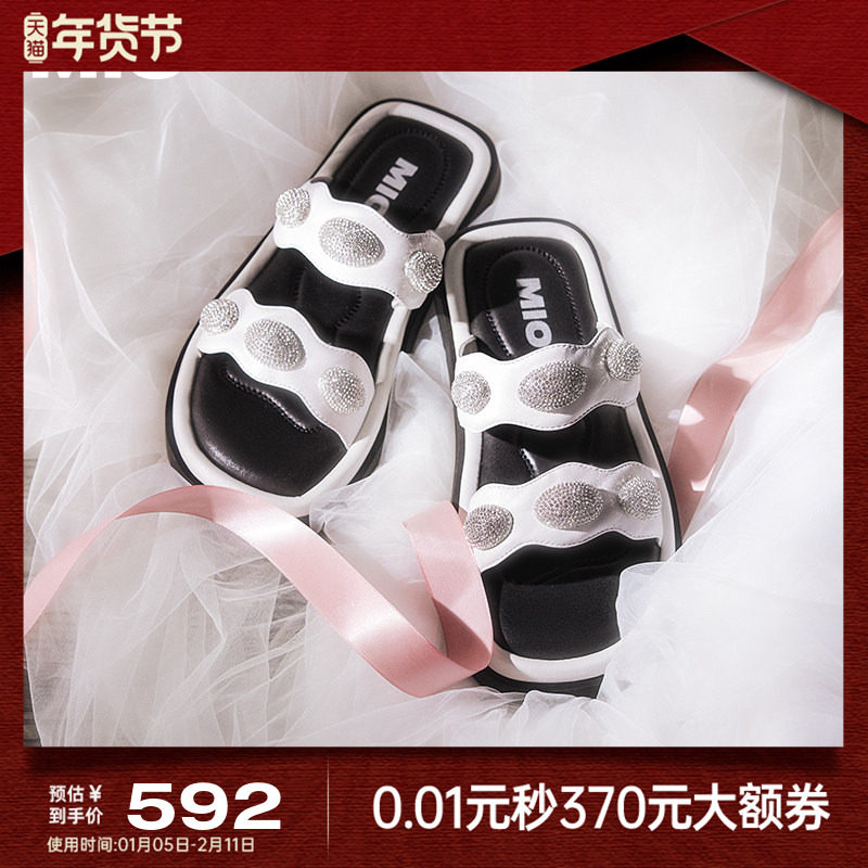 MIO米奥外穿拖鞋女2025夏季新款时尚一字拖复古水钻平跟度假凉