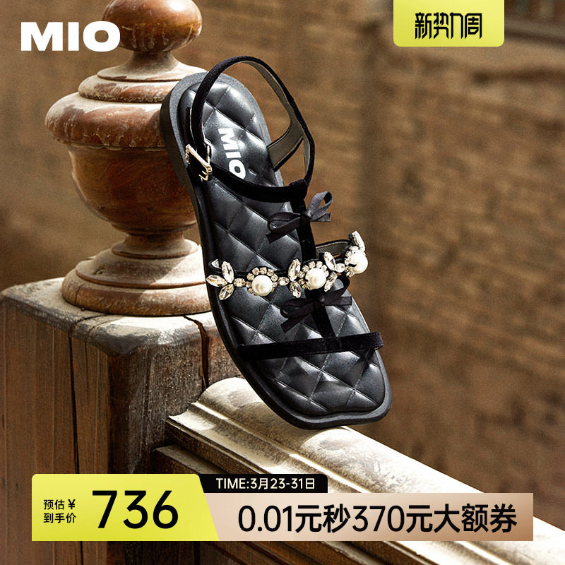 MIO米奥女鞋法式蝴蝶结夏季T字带罗马鞋珍珠平底方头时尚凉鞋