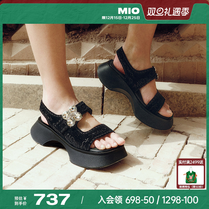 MIO米奥厚底凉鞋女2025夏季新款水钻休闲魔术贴增高时尚沙发凉