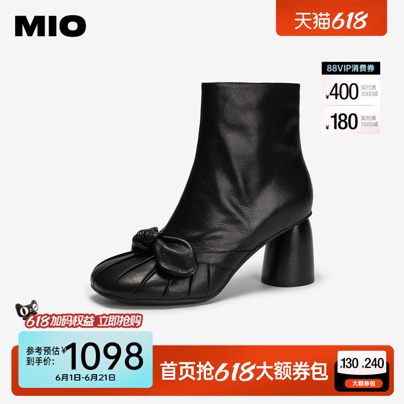 MIO米奥高跟女靴2025冬季新款时装靴短筒靴粗跟黑色增高靴子
