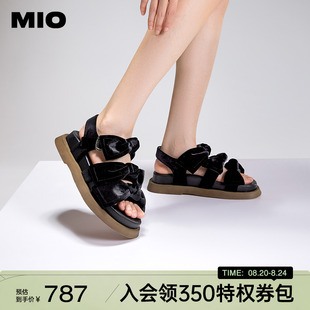 女鞋 MIO米奥夏季 休闲沙滩鞋 纯色低跟厚底凉鞋 复古丝绒蝴蝶结时尚