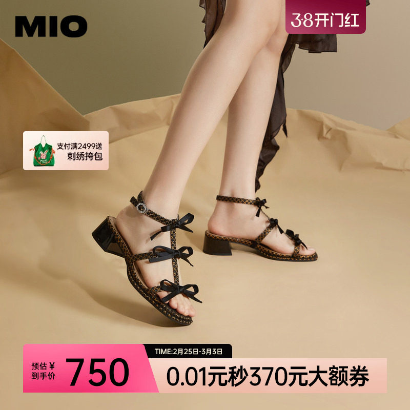MIO米奥夏季拼色方头时装凉鞋蝴蝶结中跟时尚个性凉鞋女鞋