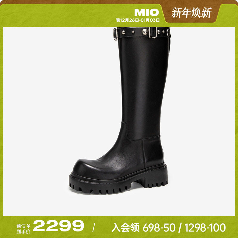 MIO米奥机车骑士靴厚底5cm女鞋冬季新款韩系铆钉黑色牛皮革长靴
