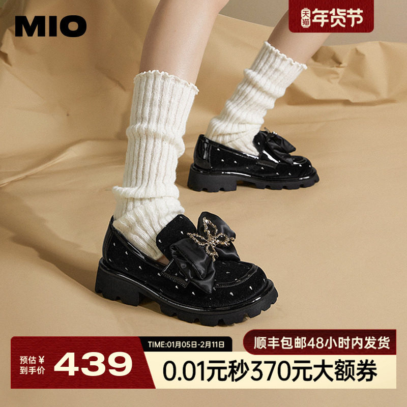 MIO米奥秋季中跟乐福鞋复古蝴蝶结小皮鞋厚底深口单鞋女