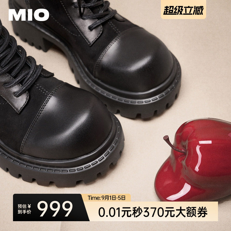 MIO米奥女靴微翘大头冬新款高跟复古皮靴厚底增高短筒系带马丁靴图片