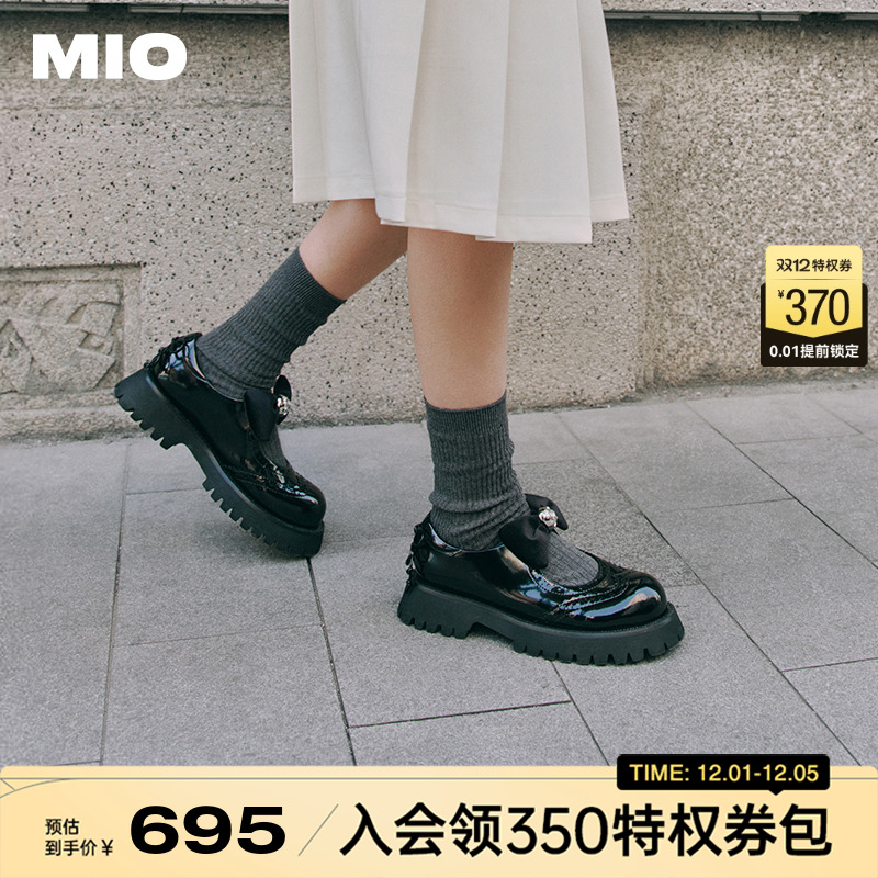 MIO米奥2025春季新款蝴蝶玛丽珍鞋圆头闪钻甜酷厚底黑色小皮鞋女