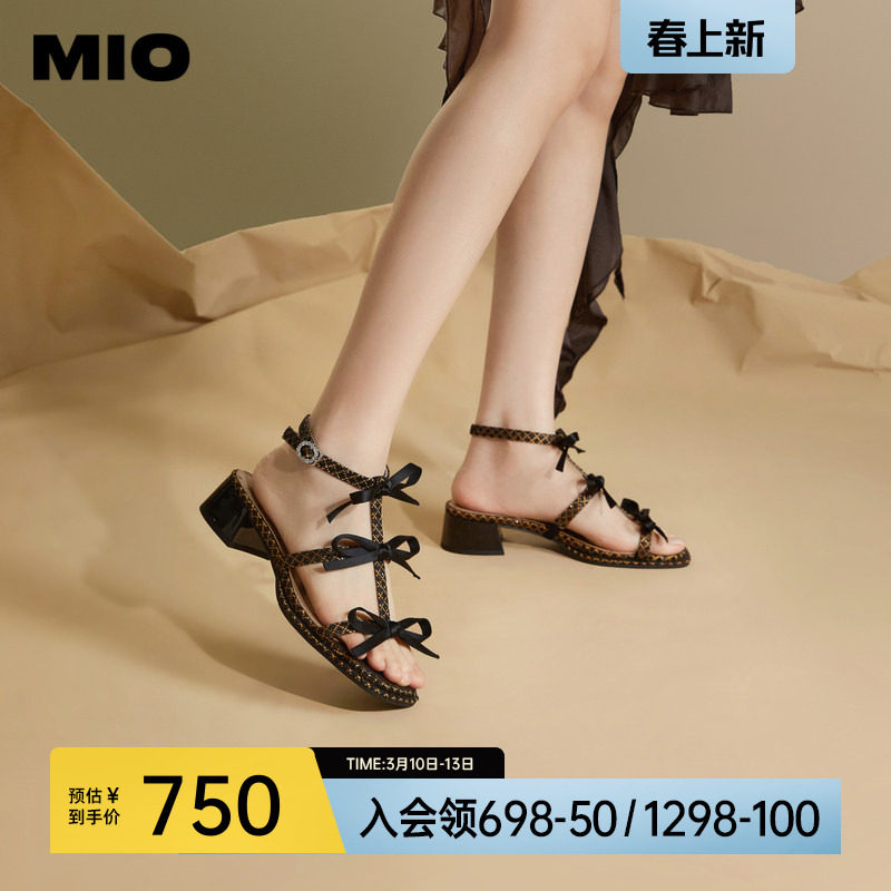 MIO米奥夏季拼色方头时装凉鞋蝴蝶结中跟时尚个性凉鞋女鞋