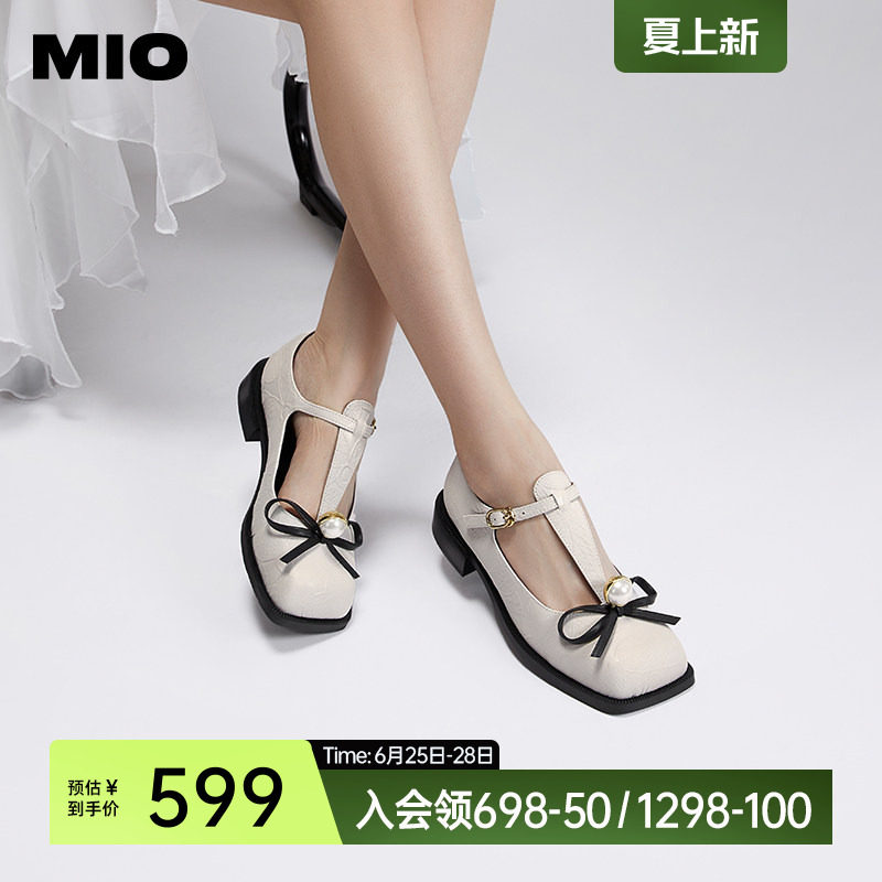 MIO米奥女鞋T字带玛丽珍显瘦方头低跟珍珠饰扣减龄凉鞋公主风单鞋