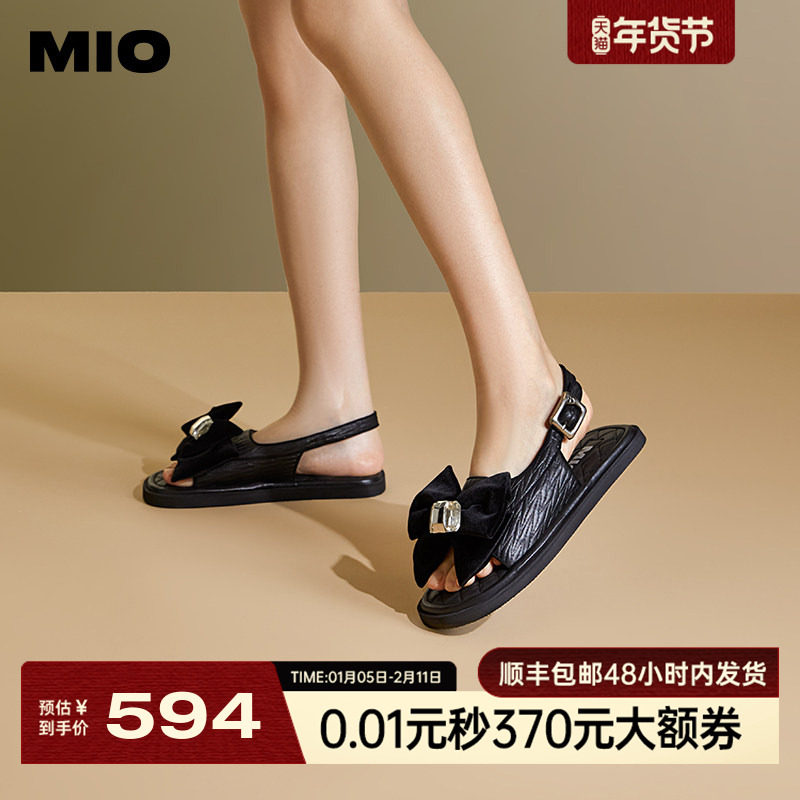 MIO米奥夏季低跟休闲凉鞋蝴蝶结舒适时髦一字式扣带凉鞋女