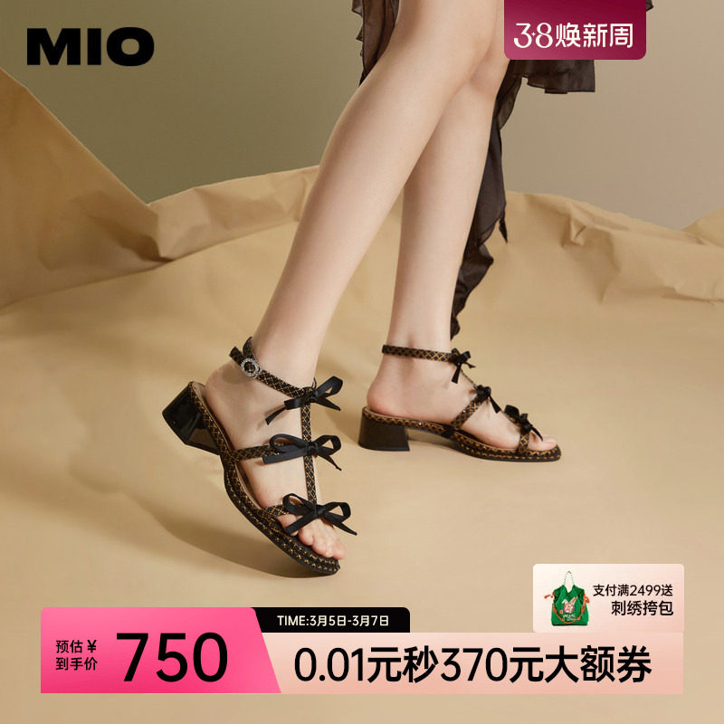 MIO米奥夏季拼色方头时装凉鞋蝴蝶结中跟时尚个性凉鞋女鞋