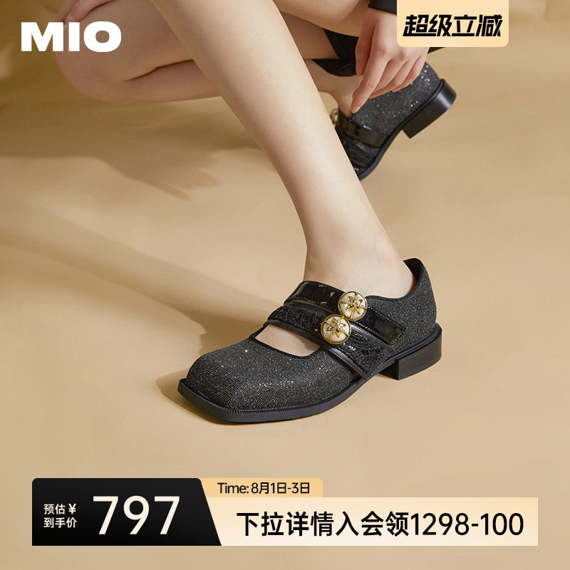 MIO米奥女鞋玛丽珍方头细闪复古低跟鞋气质通勤百搭单鞋