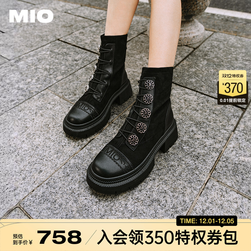 MIO米奥冬季短靴圆头高跟中筒瘦瘦靴复古精致扣带酷感马丁靴女