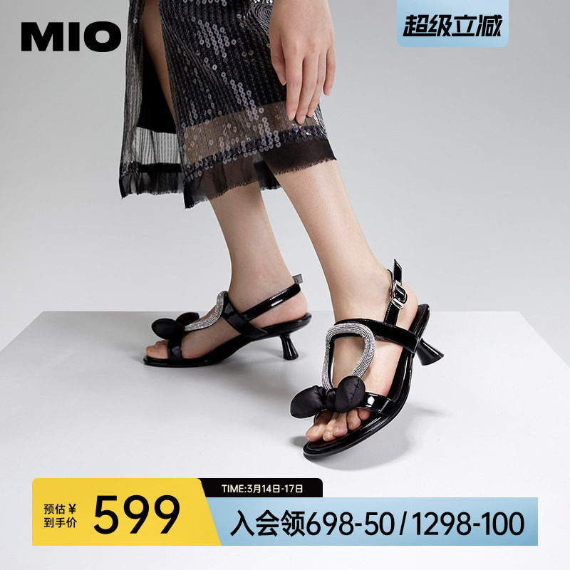 MIO米奥夏季异形跟时装凉鞋小闪钻泡泡蝴蝶结优雅气质高跟凉鞋女