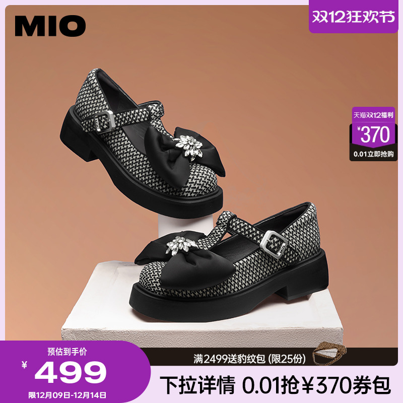 MIO米奥低帮鞋圆头中跟一字扣带花朵钻饰蝴蝶结玛丽珍单鞋女鞋