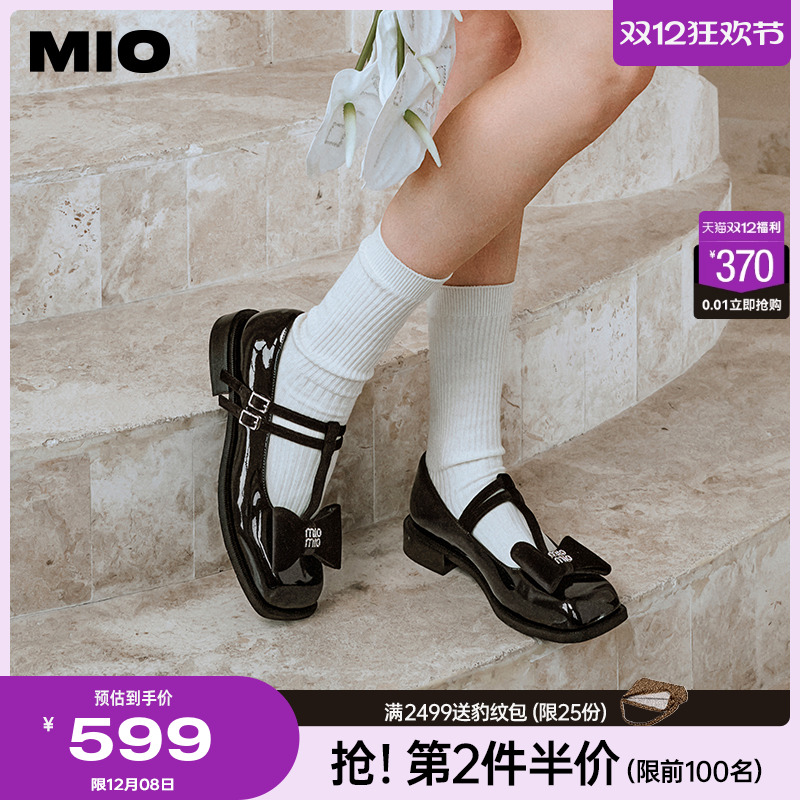 MIO米奥秋季方头厚底低跟单鞋蝴蝶结舒适通勤玛丽珍女鞋