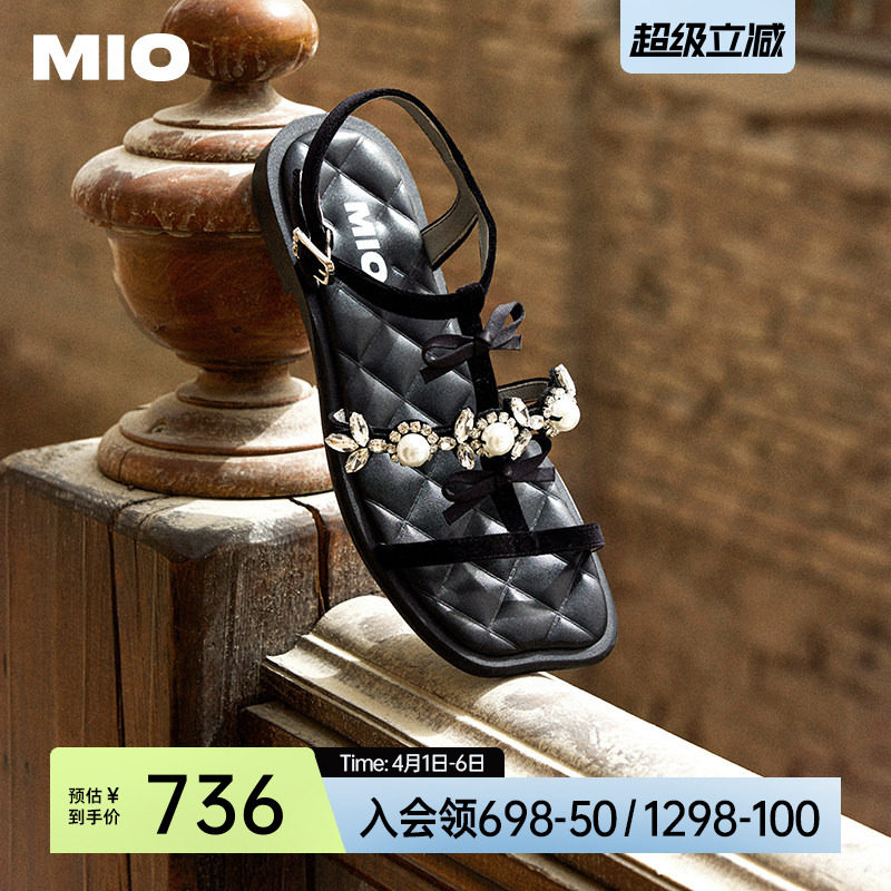 MIO米奥女鞋法式蝴蝶结夏季T字带罗马鞋珍珠平底方头时尚凉鞋