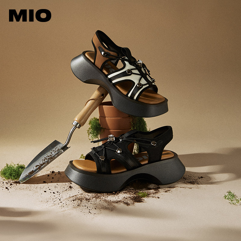 MIO米奥厚底凉鞋2025夏季新款机能时尚抽绳圆头轻便舒适增高女
