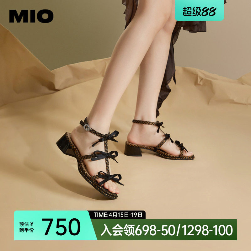 MIO米奥夏季拼色方头时装凉鞋蝴蝶结中跟时尚个性凉鞋女鞋