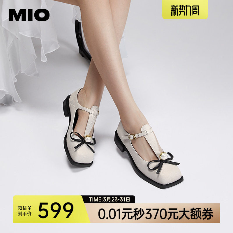 MIO米奥秋季显瘦方头低跟女鞋T字袢带珍珠饰扣减龄玛丽珍女