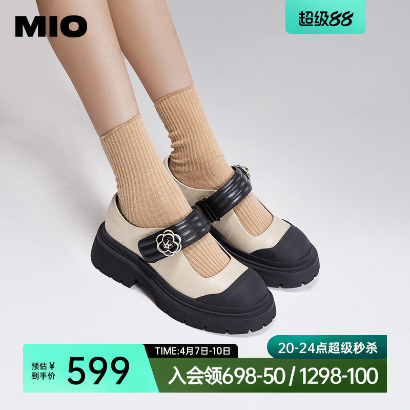 MIO米奥秋季圆头学院厚底玛丽珍复古浪漫山茶花舒适单鞋女