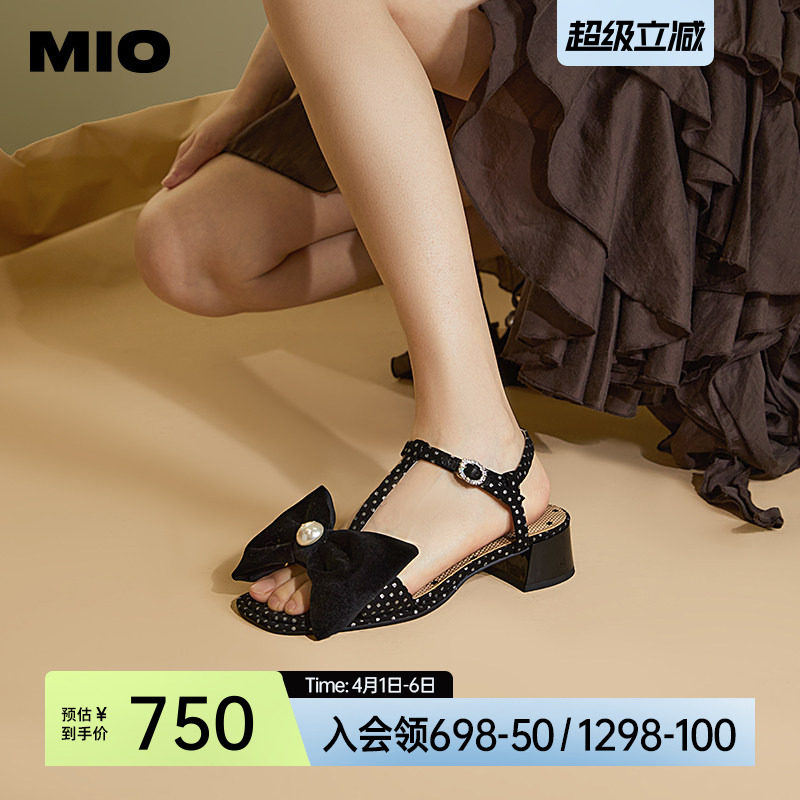 MIO米奥夏季拼色中跟凉鞋珍珠蝴蝶结俏皮通勤时装凉鞋女