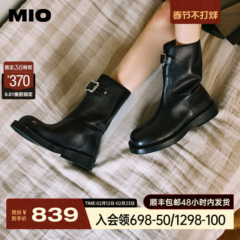 MIO米奥女靴冬季中筒靴复古短靴切尔西靴时装靴皮带扣皮靴骑士靴