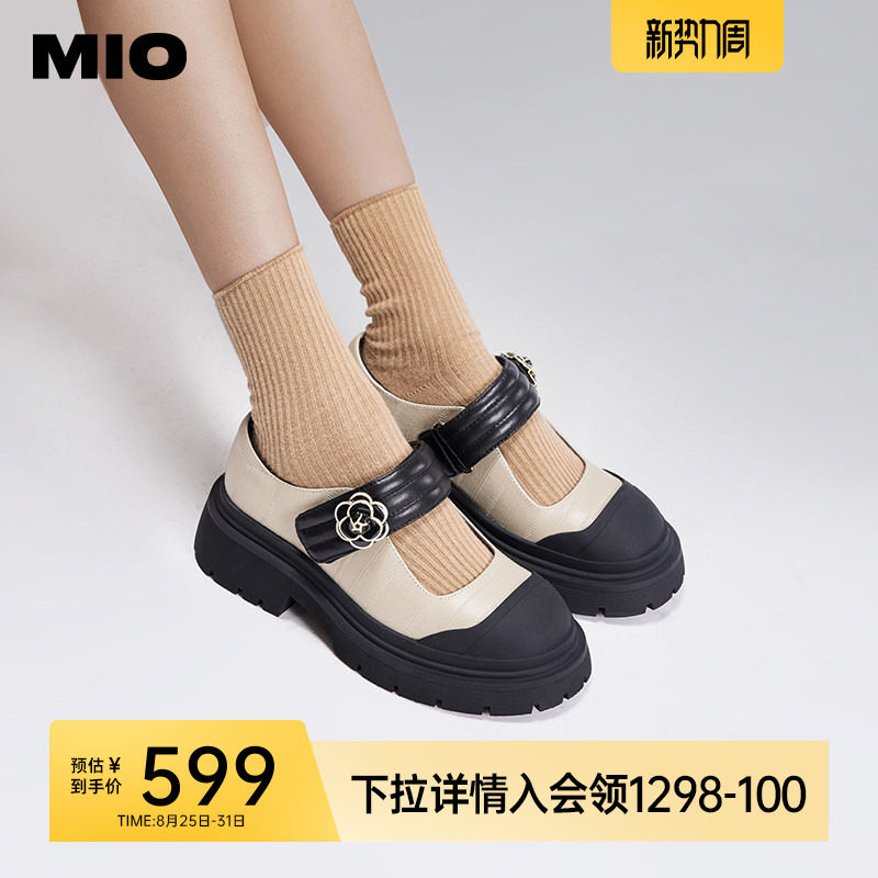 MIO米奥秋季圆头学院厚底玛丽珍复古浪漫山茶花舒适单鞋女