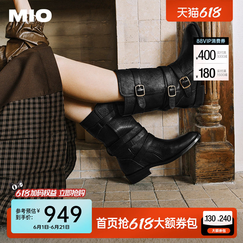 [张钧甯同款]MIO米奥冬中筒靴质感西部骑士靴复古厚底圆头靴子女