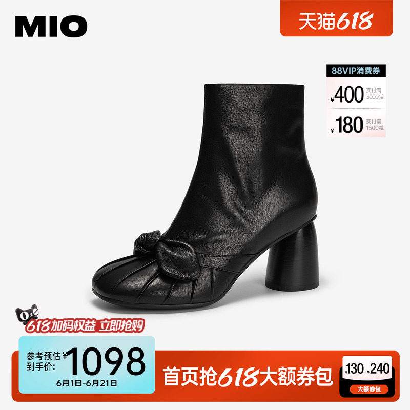 MIO米奥高跟女靴2025冬季新款时装靴短筒靴粗跟黑色增高靴子