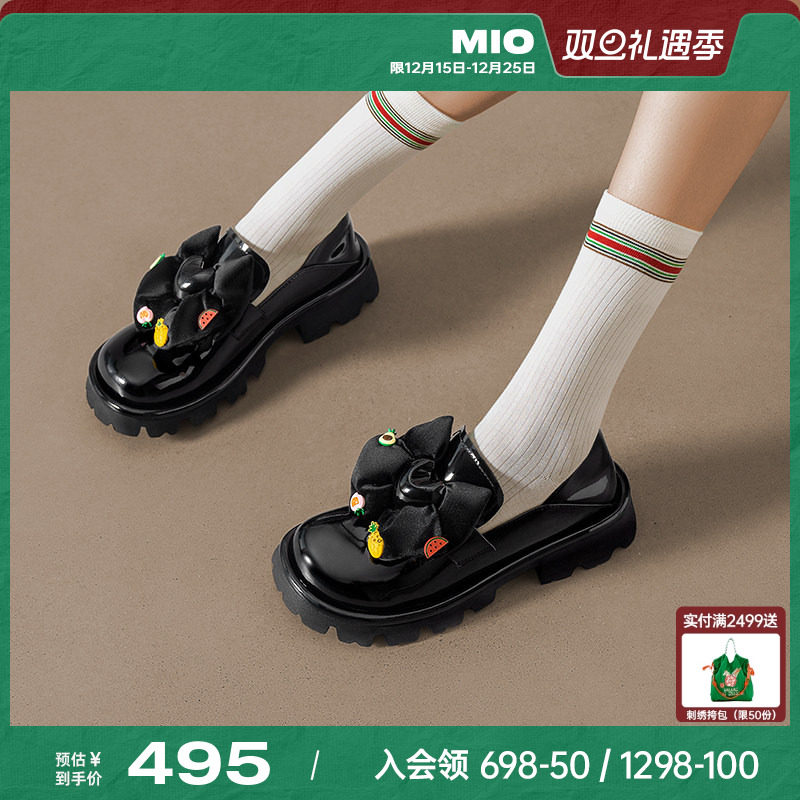MIO米奥圆头小皮鞋大蝴蝶结女鞋漆面单鞋增高松糕底厚底乐福鞋
