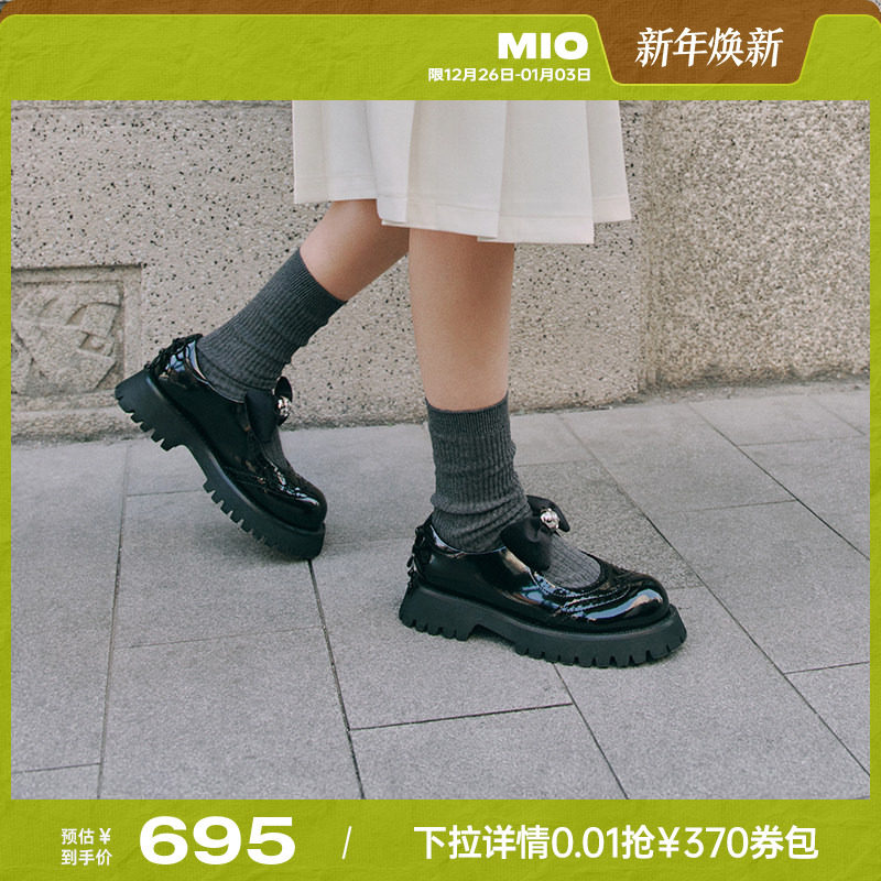 MIO米奥2025春季新款蝴蝶玛丽珍鞋圆头闪钻甜酷厚底黑色小皮鞋女