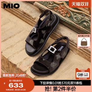通勤国风拖鞋 MIO米奥凉鞋 复古丝绒休闲魔术贴时尚 新款 女2025夏季