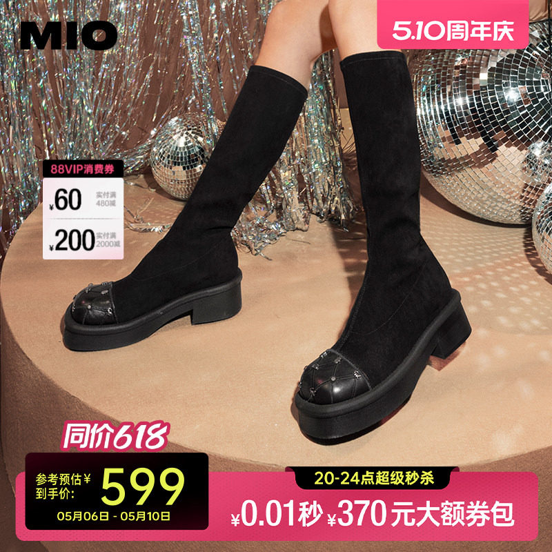 MIO米奥冬季靴子圆头中跟新款长筒靴酷飒显瘦舒适弹力靴袜靴女