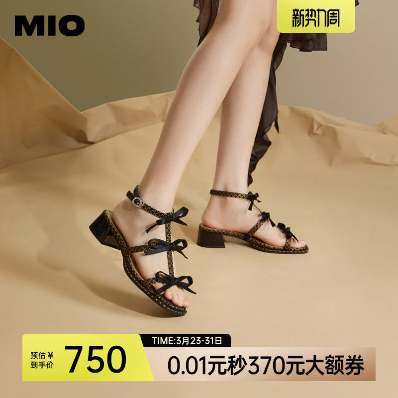 MIO米奥夏季拼色方头时装凉鞋蝴蝶结中跟时尚个性凉鞋女鞋