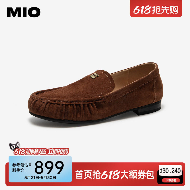 MIO米奥老钱乐福鞋2026夏季新款褶皱圆头低跟豆豆鞋休闲绒面女