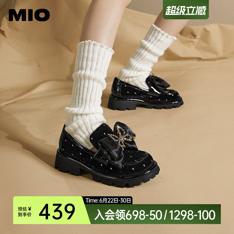 MIO米奥秋季中跟乐福鞋复古蝴蝶结小皮鞋厚底深口单鞋女
