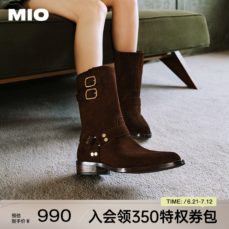 正品MIO米奥女鞋复古扣带骑士靴