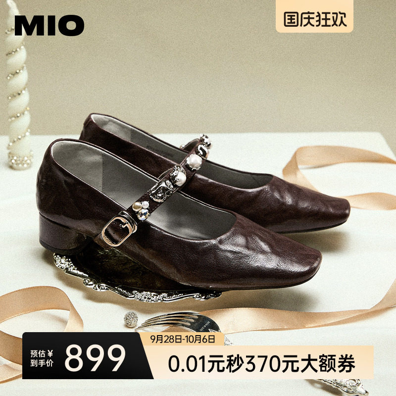 MIO米奥玛丽珍鞋2026春季新款粗跟单鞋一字带金属扣闪钻饰扣女鞋图片