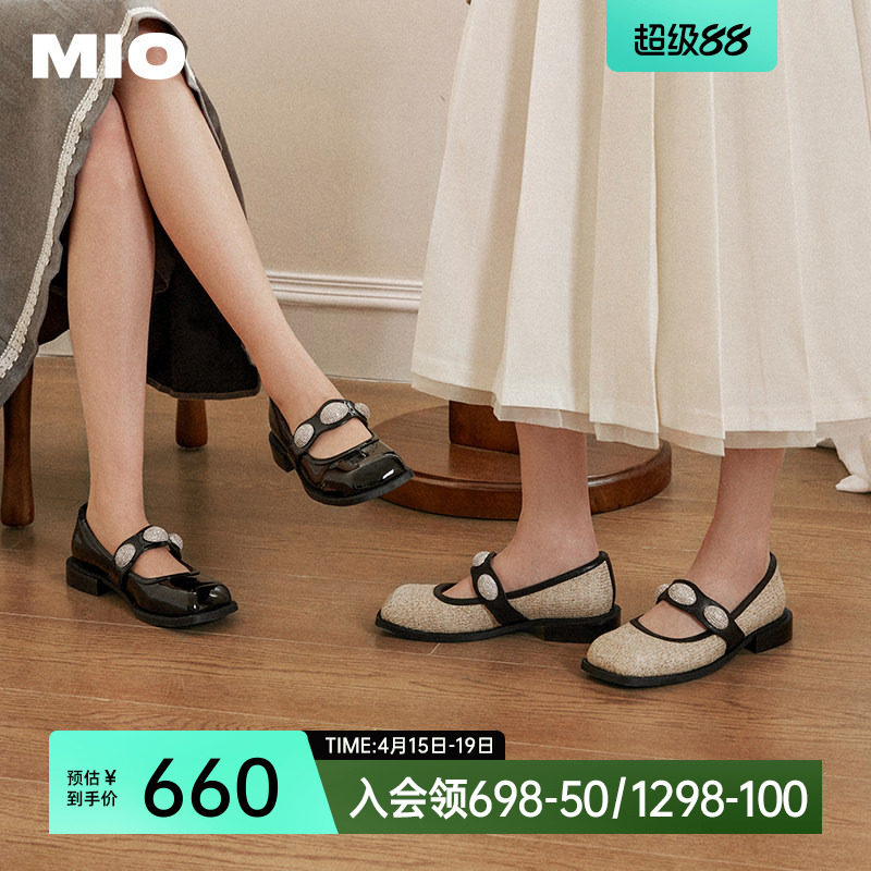 MIO米奥春款复古星光方头玛丽珍鞋黑色圆头小皮鞋粗跟闪钻女单鞋