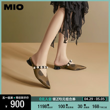 MIO米奥2024年夏季新款尖头复古珍珠拖鞋圆跟时髦通勤包头拖女鞋
