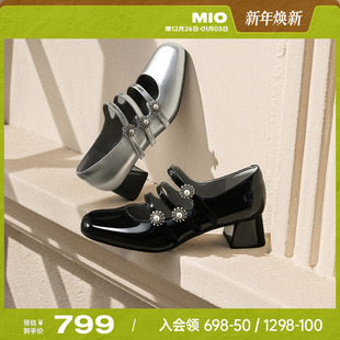 饰魔术贴甜美粗跟女鞋 MIO米奥2025春季 珍珠装 梦幻玛丽珍鞋 新款