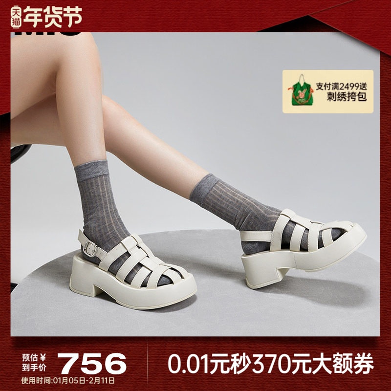 MIO米奥夏季沙滩鞋欧美风纯色高跟搭扣复古时髦通勤罗马凉鞋女鞋,女鞋,罗马凉鞋,淘宝优惠券,粉丝福利购,淘宝优惠卷