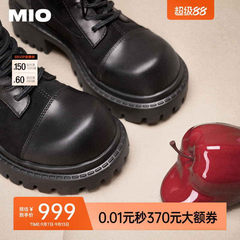 MIO米奥女靴微翘大头冬新款高跟复古皮靴厚底增高短筒系带马丁靴图片