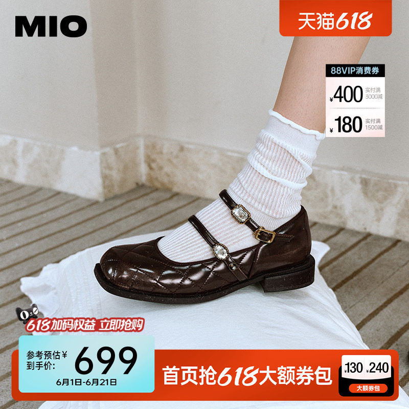 MIO米奥秋季方头低跟单鞋闪钻双条袢带复古时髦玛丽珍女鞋
