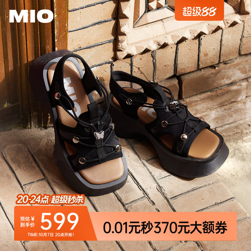 MIO米奥厚底凉鞋夏季机能时尚抽绳凉拖圆头轻便舒适增高女鞋