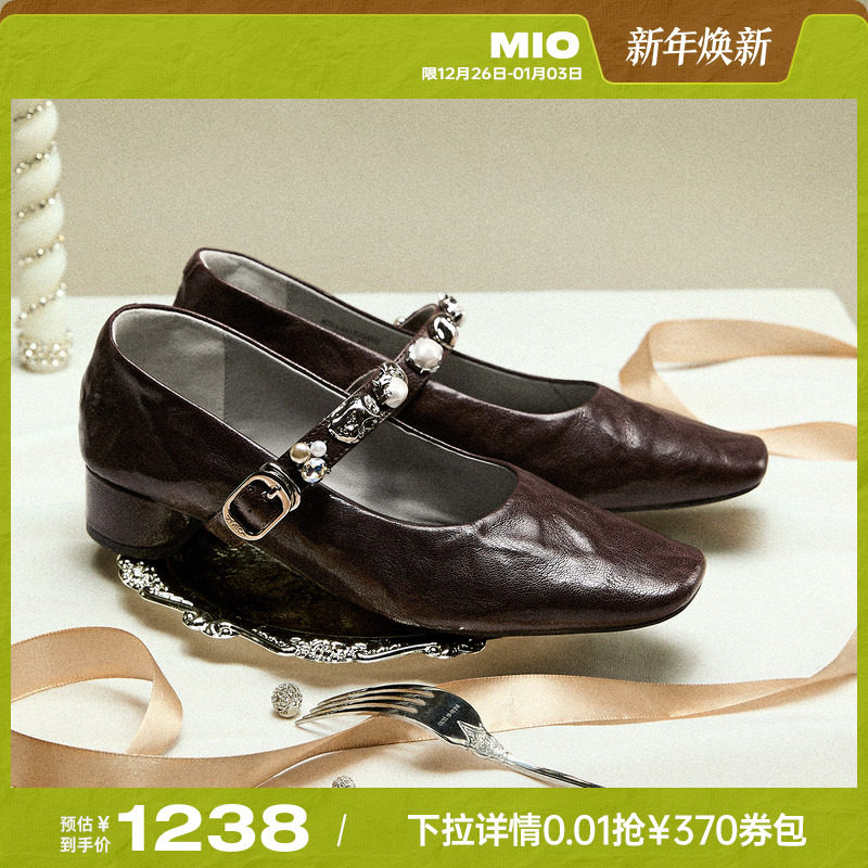 MIO米奥玛丽珍鞋2026春季新款粗跟单鞋一字带金属扣闪钻饰扣女鞋