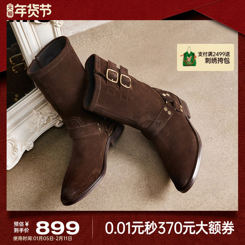 MIO米奥冬季圆头粗跟烟筒靴复古扣带骑士靴西部靴靴子女,女鞋,骑士靴,淘宝优惠券,粉丝福利购,淘宝优惠卷