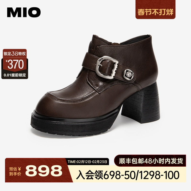 MIO米奥时装靴2025冬季新款粗跟圆头饰扣马丁靴复古增高短筒靴