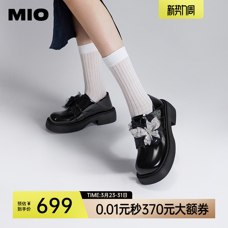 MIO米奥厚底学院乐福鞋钻饰蝴蝶结女鞋圆头粗跟甜美风单鞋一脚蹬